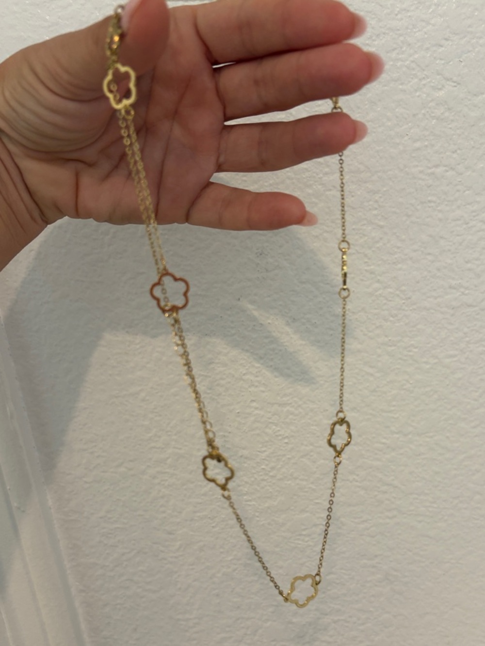 Gold Clover Pendant Station Necklace with White Inlay
